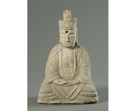 A carved marble figure of Buddha, 19th/20th century seated in Dhyana Mudra dressed in a long robe, height 33 cm.   CONDITION 