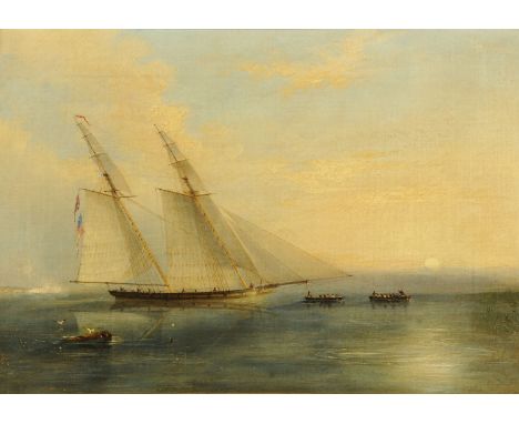 19th Century English School, oil on canvas "Light Schooner Grecian", being taken in tow after being captured.  40 cm x 58 cm.