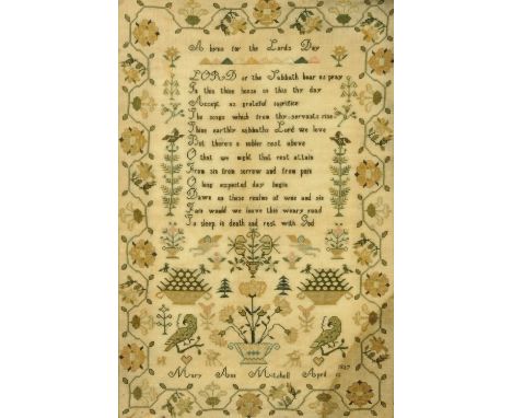 A needlepoint sampler, worked by Mary Ann Mitchell, April 13th, 1837, with text "Lord of the Sabbath hear us pray..." above a