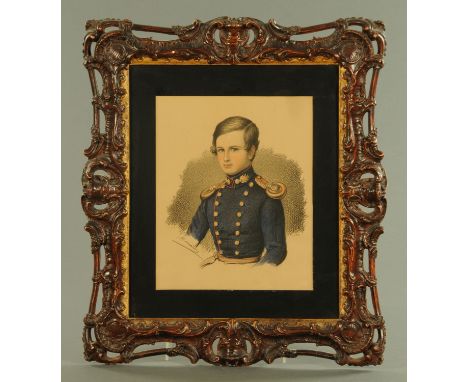 Half length portrait of a young boy dressed as an officer of The Royal Artillery, 19th century, wearing a blue button jacket,
