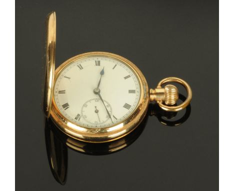 A Dennison gold plated full Hunter pocket watch, 20th Century, button wind, enamelled dial with subsidiary seconds dial