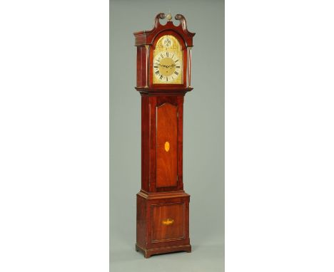 An Edwardian mahogany longcase clock, with steeple and ball finial and swans neck pediment above the arched glazed door enclo