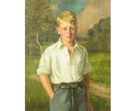 E. Easton Tayler (British 20th Century) three quarter length portrait of Geoffrey Alsebrook in rural surroundings, signed and