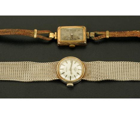 A ladies 9 ct gold Art Deco wristwatch, and a Rotary silver cased wristwatch with mesh bracelet.