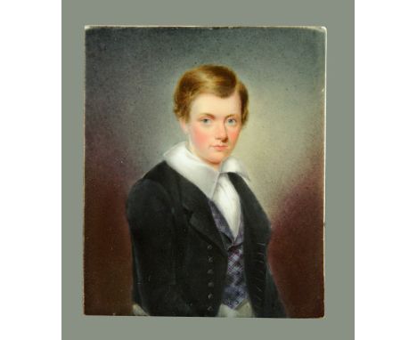 John Simpson, portrait miniature on tile, young man in frock coat, inscribed "By John Simpson, January 1844".   9 cm x 7.5 cm