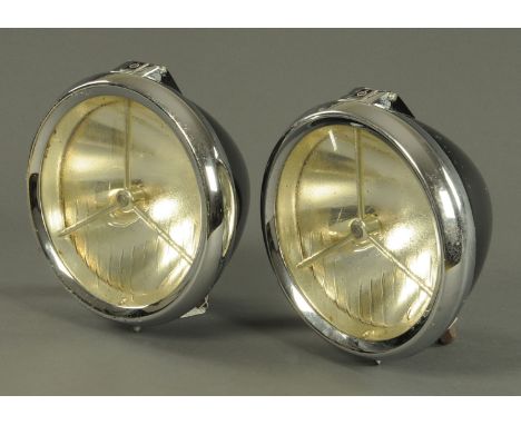 A pair of Lucas "King of the Road" Vintage car headlights, lens with a clear centre and textured border and tri bar within a 