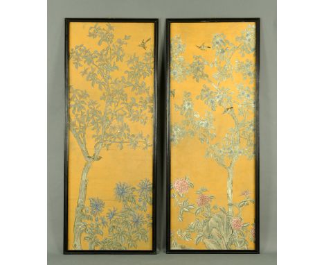 Two Chinese paintings on silk, 19th century, depicting birds amongst trees above either blue chrysanthemums, peony and rock w