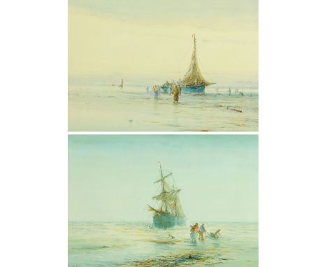 W Baker (British, late 19th /20th century), pair of seascape watercolours, one depicting a beached vessel with figures to the