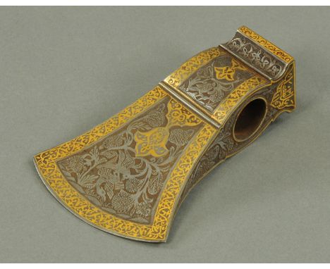 A gold Damascened axe head, probably North India/Kashmir, of typical form, with chiselled decoration of birds amongst tight f