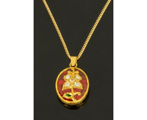 A 21 ct gold enamel and diamond flower pendant, on 18 ct yellow gold chain.