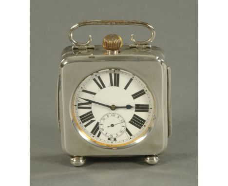 A Goliath pocket watch in silver travel case, the case Deakin and Francis, Birmingham 1903, of square form with carry handle,