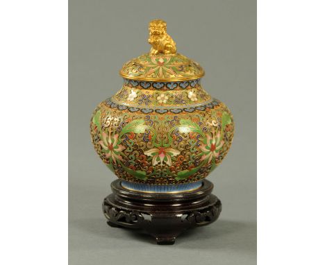 A good Chinese Champleve enamel vase and cover, mid 20th century, the cover with gilt dog of fo finial and decorated througho