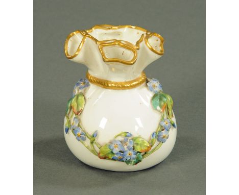 A Royal Worcester sack vase, dated code 1877, tied with a gilt moulded rope and with applied floral garland, printed and impr