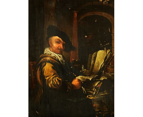 Continental School, 19th century, portrait of a seated merchant with papers, oil painting on oak panel, signed, 28 cm 21.5 cm