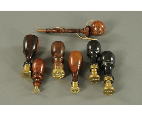 Six 19th century brass and turned hardwood seals, Sherry, Port, Bulgill, coat of arms and two others, tallest 10.5 cm, and a 
