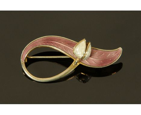 A Norwegian silver and enamel brooch by Aksel Holmsen, modelled as a leaf with bud, the underside silver gilt and struck Norw