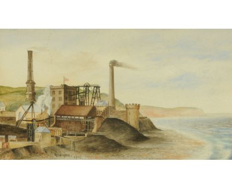 R. Combe, watercolour, "Wellington Pit, Whitehaven, Explosion 1910, 136 Lives Lost".  12 cm x 21 cm, framed, signed and dated