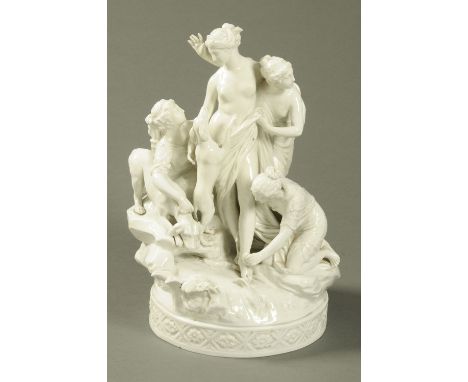 After Louis-Simon Boizot "Diane au Bain", late 19th century, large porcelain figure group, crowned N mark for Naples.  Height