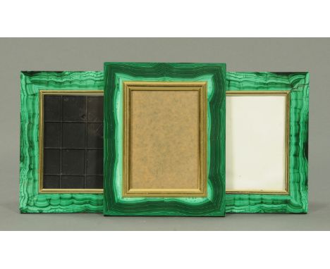 Three malachite easel back photograph frames.  Largest frame size 19 cm x 15 cm. 