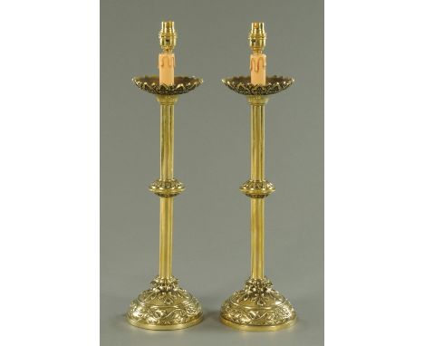 A pair of brass Gothic style table lamps, each with knopped stem and domed base.  Height including light fitting 55 cm.