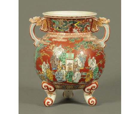A Ko-Kutani incense burner, late 19th century, decorated to each side with 17 scholars beneath gilt clouds, pine and prunus t