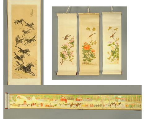 Chinese school (20th Century) The Eight Horses of Mu Wang, watercolour on silk wall hanging, 86 cm x 31 cm, three further sma