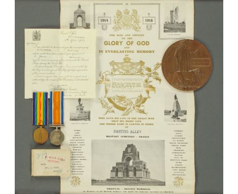 A British War Medal and Victory Medal awarded to 22051 Pte. B. Jones. Welsh R with ribbons and record office receipt, a Great