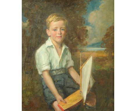 Attributed to E. Easton Tayler (British, 20th Century), three quarter length portrait of Ralph Alsebrook seated holding a pon