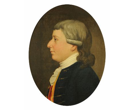 A 19th century oil on canvas, oval profile portrait of a gentleman in Georgian costume, 32 cm x 24 cm, framed (see illustrati