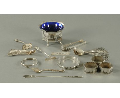 A small collection of white metal and niello decorated tableware, comprising octagonal sugar bowl on four feet, 6 teaspoons, 