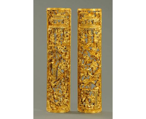 A pair of Chinese Chaozhou style bow fronted carved and gilt wood panels, mid to third quarter 20th century, depicting the Em