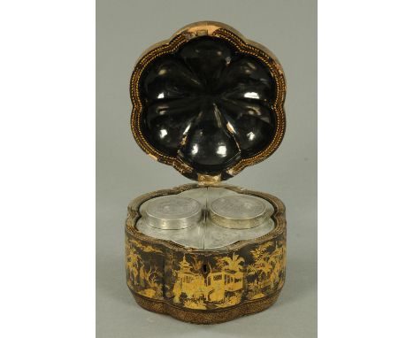 A Chinese export lacquered shaped tea caddy, with pewter lined interior, width 23 cm (see illustration).   CONDITION REPORT: 