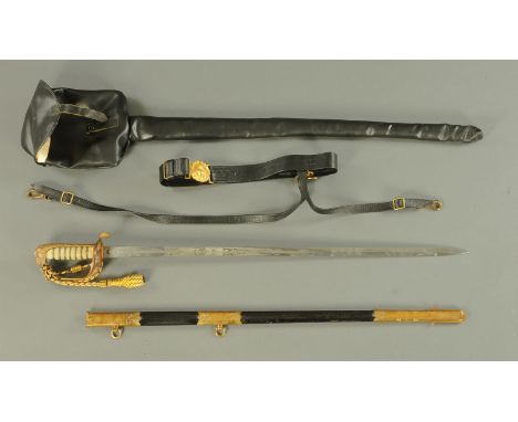 A Naval Officers dress sword, with brass hand guard, shagreen grip, leather and brass scabbard, frog, Gieves & Hawkes belt an