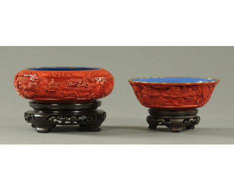 Two Chinese lacquer Cinnabar lacquer bowls, mid 20th century, one of petal shape decorated with landscapes, boats, mountains,