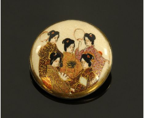 A Japanese Satsuma button brooch, late Meiji period, decorated with five Bijin, on a metal backing struck with a cross, 4.2 c