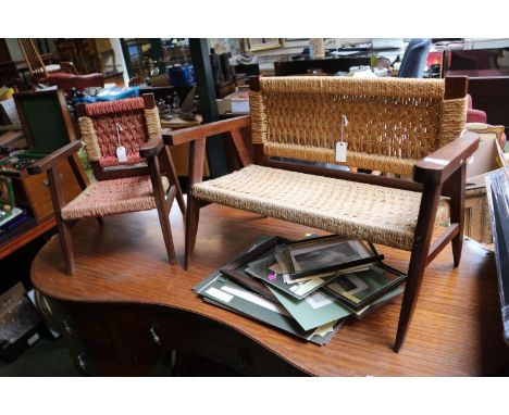 Mid Century Danish Teak rattan seated child's sofa and Elbow chair 