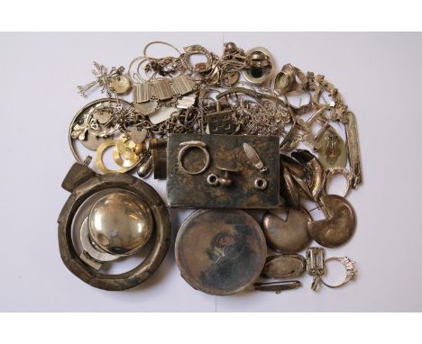 Tray of assorted Scrap Silver and Jewellery and a Enamel Spitfire decorated lidded pot 390g total weight 