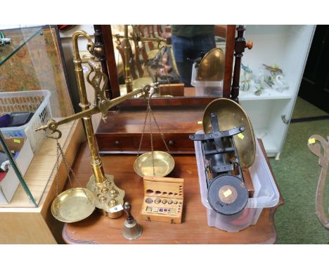 Pair of Brass weighing balances with integral weights and assorted weighing scales with assorted weights 