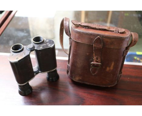 Pair of Territorial Army Binoculars in Brown Leather Case 