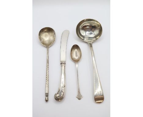 Georgian Silver Sauce Ladle, 19thC Silver twisted stem spoon, Teaspoon 95g and a Silver Handles butter knife 