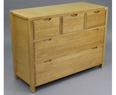 AN ERCOL ‘BOSCO 5’ LIGHT ELM CHEST (model 1362), fitted three short &amp; two long graduated drawers, 43¼” wide x 32¼” high x