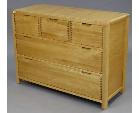 AN ERCOL ‘BOSCO 5’ LIGHT ELM CHEST (model 1362), fitted three short &amp; two long graduated drawers, 43¼” wide x 32¼” high x