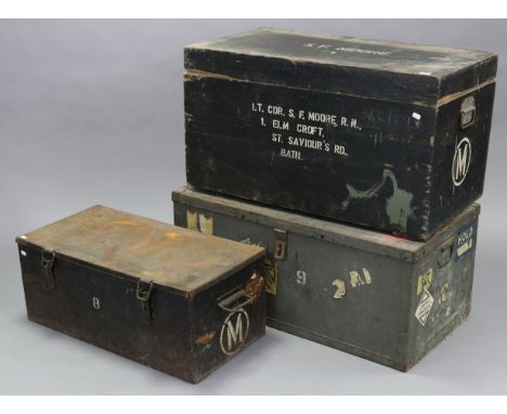 A black painted seal Royal Navy officer’s travelling trunk with hinged lift-lid &amp; inscribed “LT. CDR. S. F. MOORE. R.N. 1
