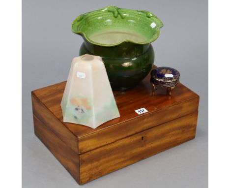 A late 19th/early 20th century mahogany large writing slope with fitted interior, 15¾” wide; a Bretby green glazed pottery ja