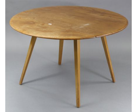 An Ercol (?) light elm circular drop-leaf kitchen table on four square tapered legs, 44” diam x 28½” high.