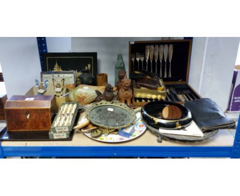 A 19th century inlaid burr-walnut two-division tea caddy, 6¾” wide; a chrome-cased mantel clock; a silver-plated salver; &amp