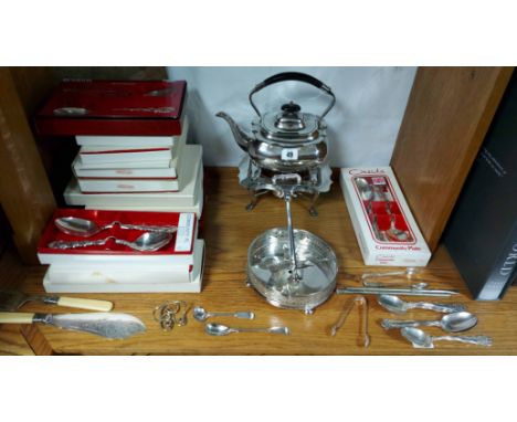A Walker &amp; Hall silver-plated teapot of oblong form; an engraved silver-plated three-piece tea service; &amp; various oth