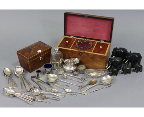 A 19th century burr yew veneered small two-division tea caddy, another larger mahogany tea caddy, a silver mounted glass spir