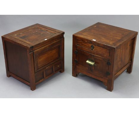 A Chinese-style hardwood bedside chest, fitted frieze drawer above a pair of panel doors, 19¼” wide x 19¾” high; &amp; a simi
