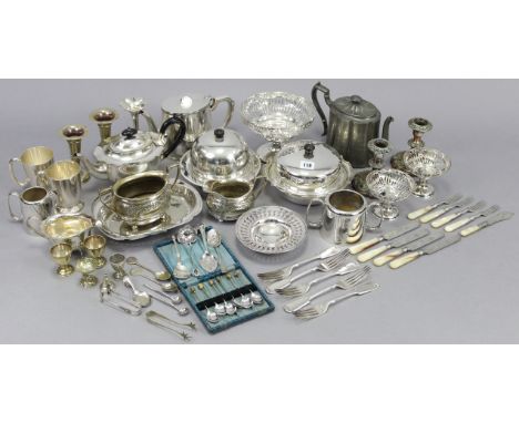 A silver-plated oval teapot; a silver-plated comport; two silver-plated muffin-dishes; &amp; various other items of platedwar
